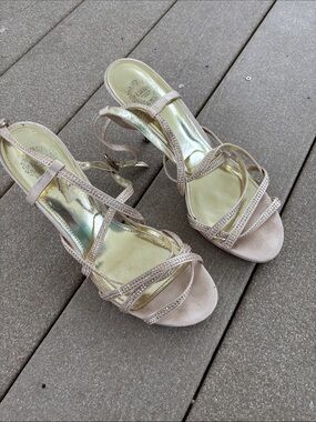 Rhinestone Strappy Open-Toe Heels in Blush